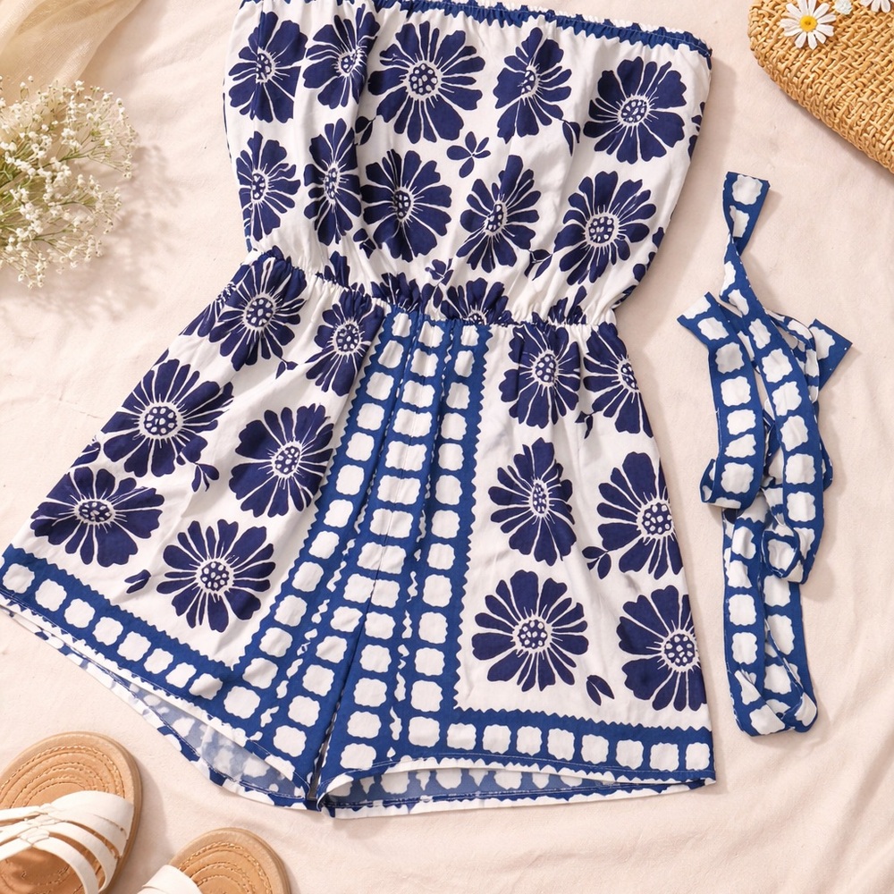 SHEIN White & Blue Floral Strapless Romper